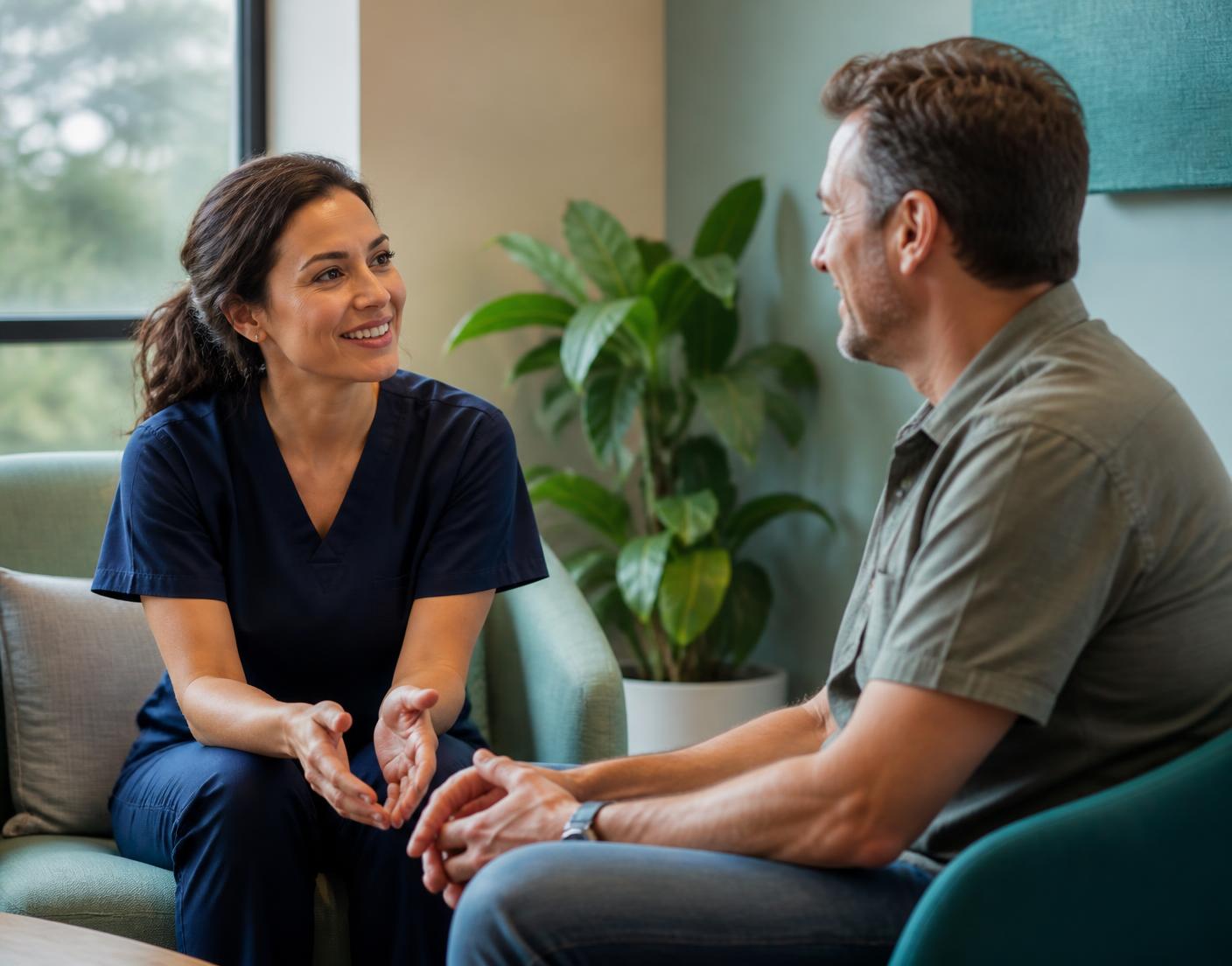A study coordinator talking warmly with a participant at Precise Research Centers